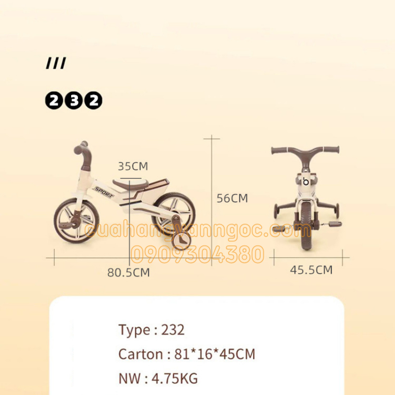 Kích Thước Xe Đạp 3 Bánh Trẻ Em 232